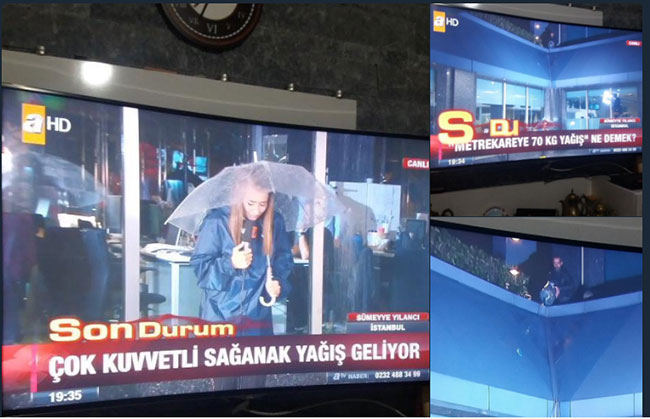 ATV KENDİNİ AŞTI,MUHABİRİN ÜSTÜNE DAMACANAYLA SU DÖKÜP,YAĞMUR HABERİ